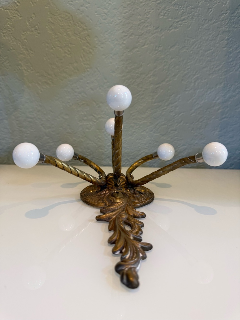 Vintage Brass Wall Hook Rack with White Ceramic Knobs - Picture 7 of 10